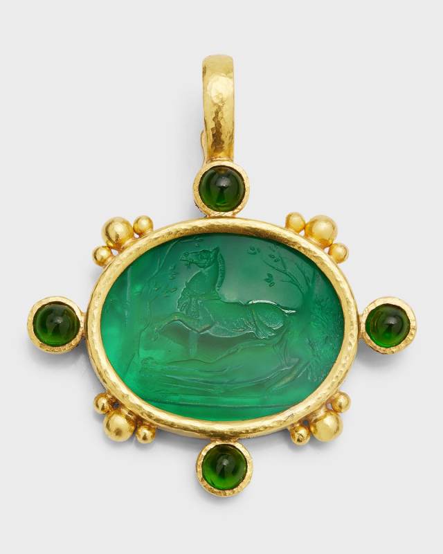 19K Horse and Sleeping Maiden Pendant in Pine Green, 36x43mm